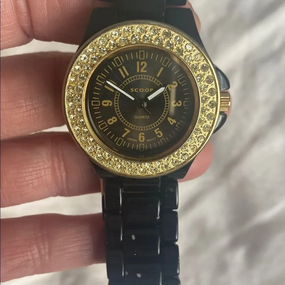 Scoop Black and Gold UNISEX Watch with Gold Crystal Bezel
